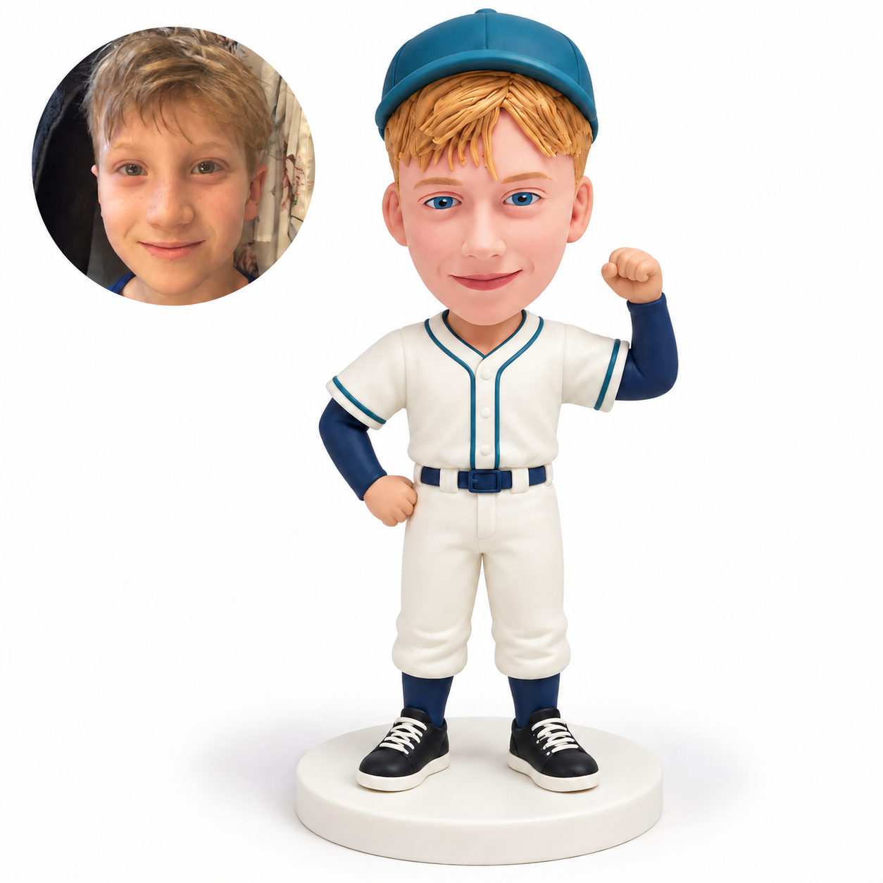 custom bobblehead figure boy baseball player raising one empty fist with his other hand on his hip
