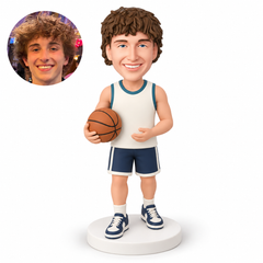 custom bobblehead figure male basketball player holding the ball in one hand with his other open hand in front of his waist