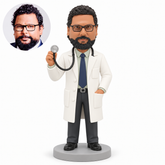custom bobblehead figure male doctor raising a stethoscope chestpiece with his other hand in his coat pocket