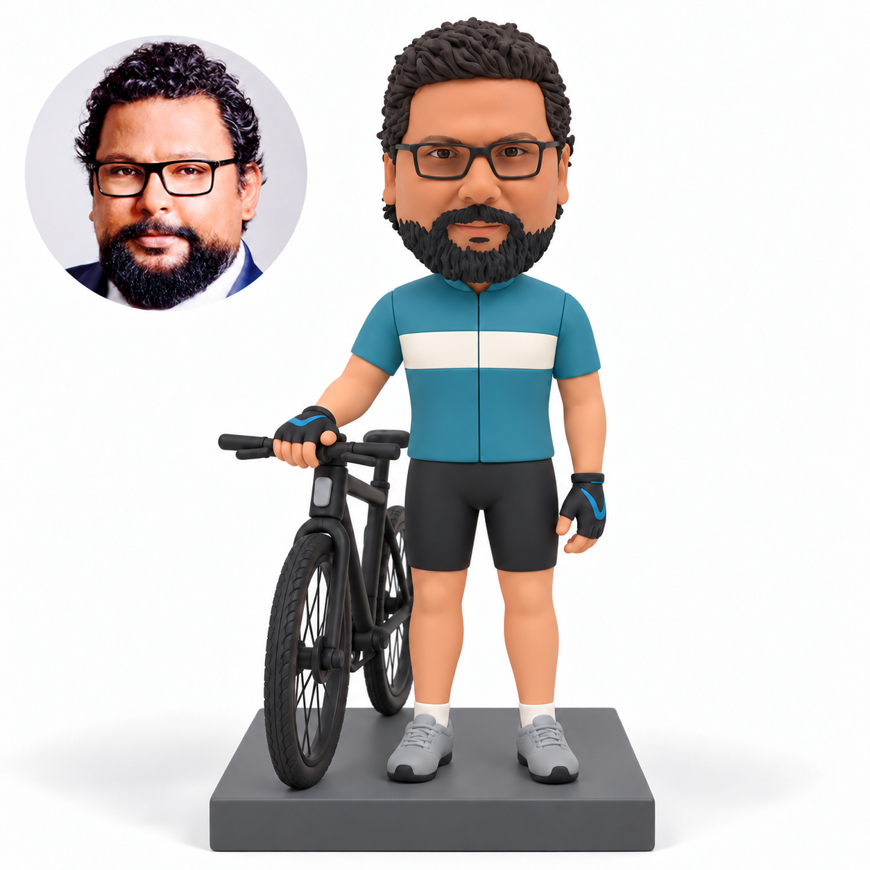 custom bobblehead figure male cyclist standing beside his bicycle with one hand on the handlebar and his other arm lowered