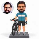 custom bobblehead figure male cyclist standing beside his bicycle with one hand on the handlebar and his other arm lowered