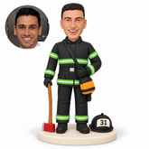 custom bobblehead figure firefighter holding a grounded axe and gripping an equipment pouch shoulder strap