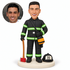 custom bobblehead figure firefighter holding a grounded axe and gripping an equipment pouch shoulder strap