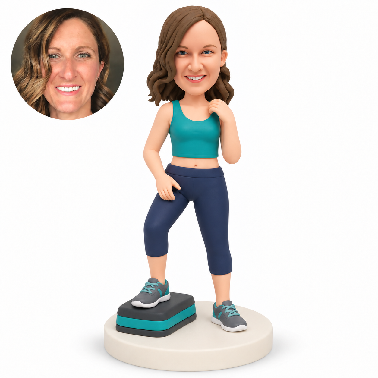 custom bobblehead figure female fitness enthusiast with one foot on a step and an empty hand beside her collar