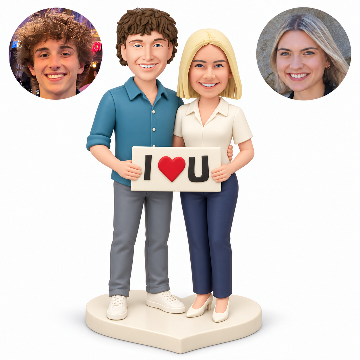 custom bobbleheads figures couple holding one rectangular heart plaque while he embraces her waist