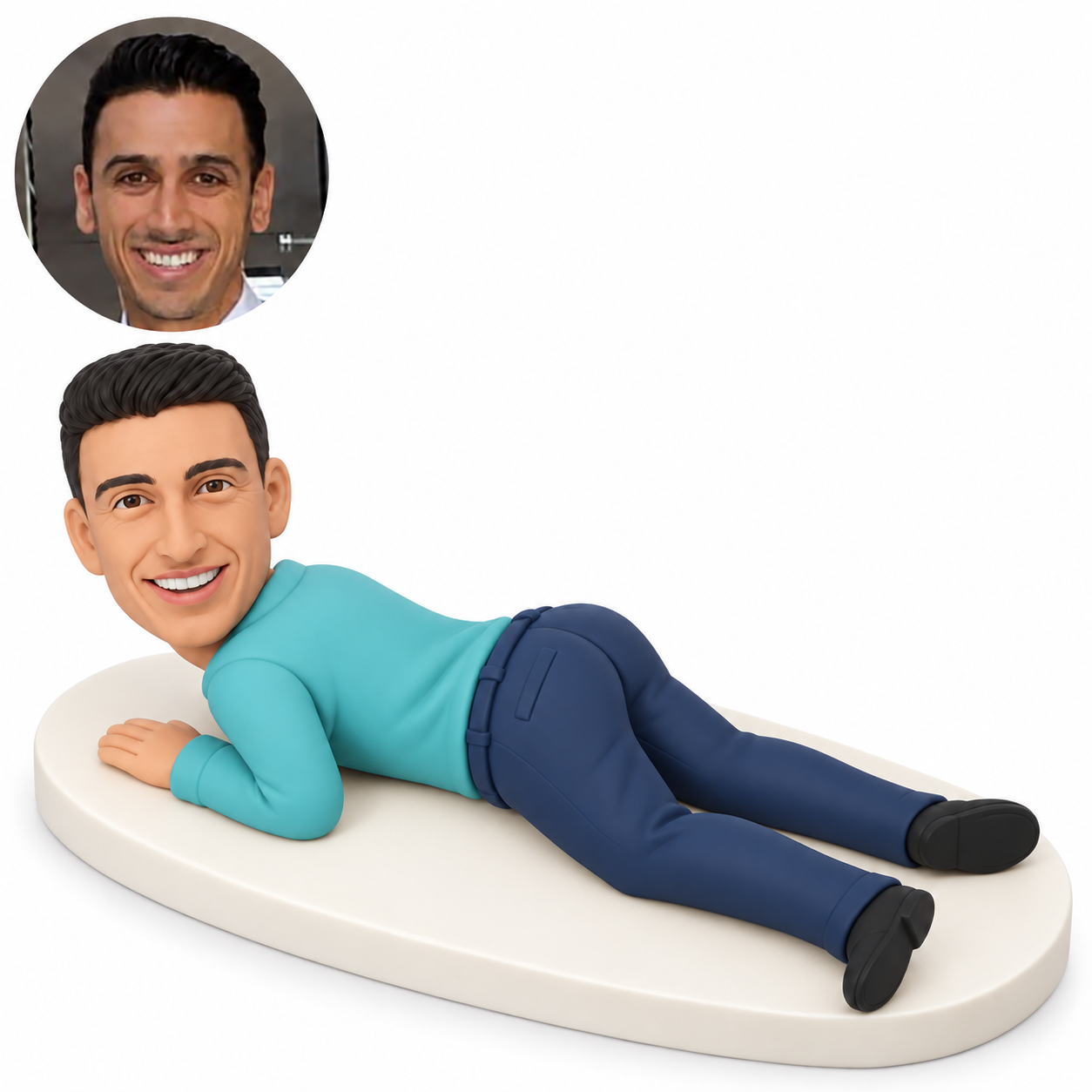 custom bobblehead figure male lying prone on an elongated display platform with bent forearms and legs extended