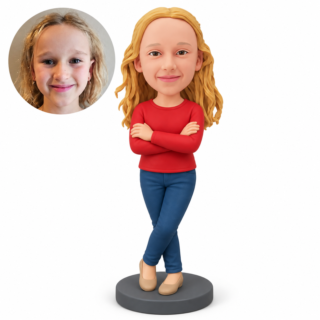 Custom bobblehead figure young girl with folded arms and crossed ankles