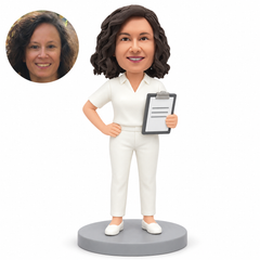 Custom bobblehead figure mature woman holding an upright review clipboard