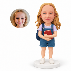 custom bobblehead figure schoolgirl in short overalls holding a book with a backpack