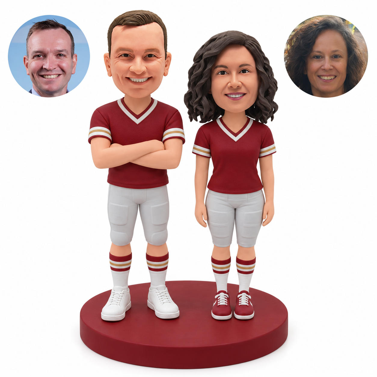 Custom polymer-clay football fan couple bobblehead, man with crossed arms