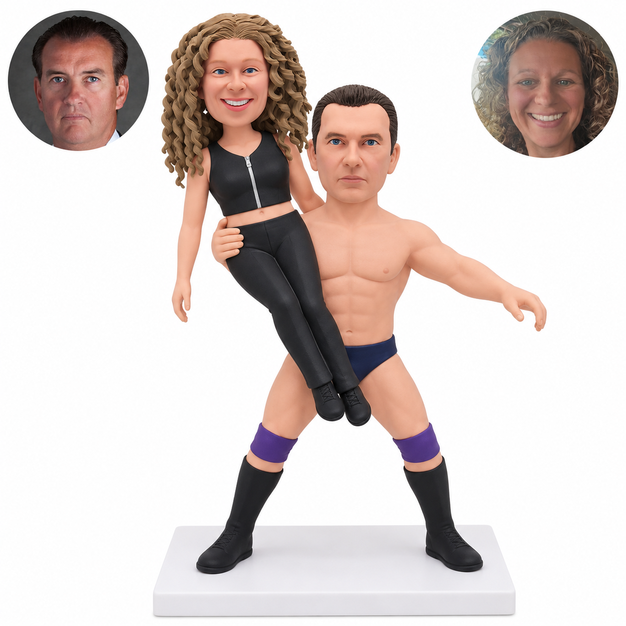 Custom bobblehead couple: wrestling man lifting woman sideways