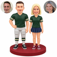 Custom bobblehead figures football fan couple, man with hand on hip and woman in pleated skirt