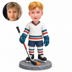 Custom child hockey player bobblehead with hockey stick and puck