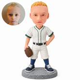 Custom child baseball player bobblehead with glove at side and hand on hip