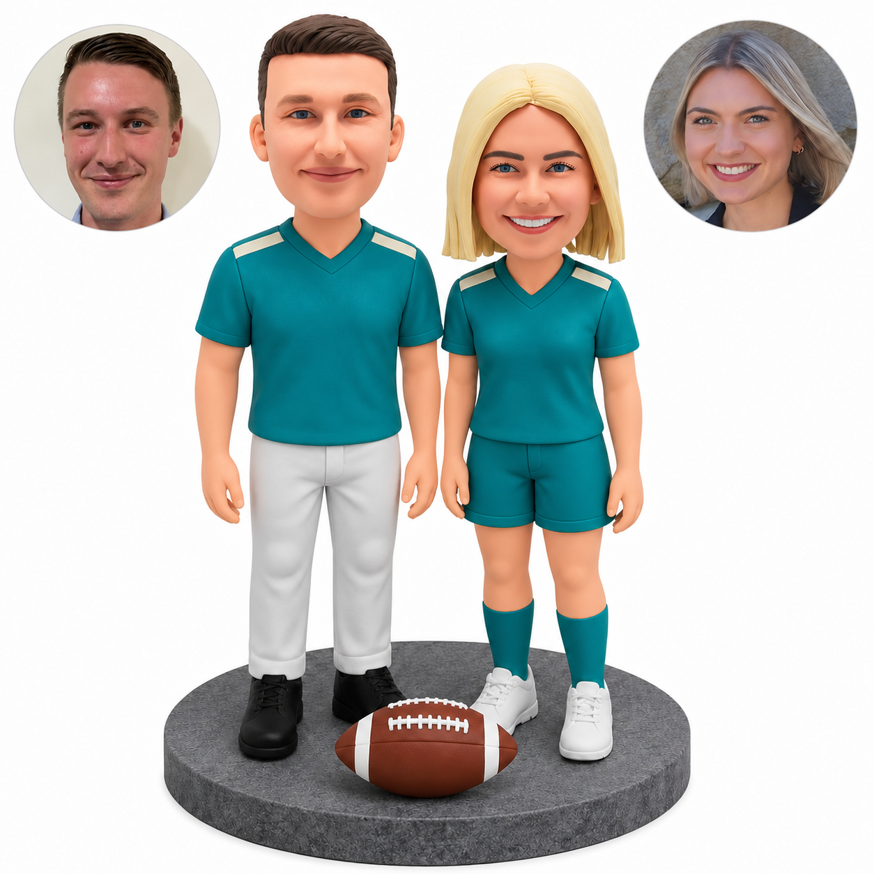 Custom clay football fan couple standing independently beside a football on a round base