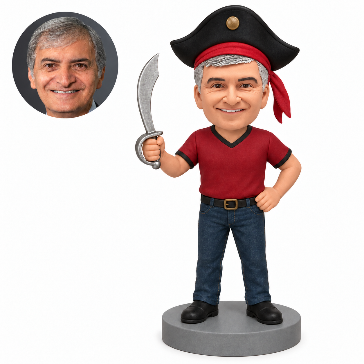 Custom bobblehead figure casual pirate dad raising a curved cutlass