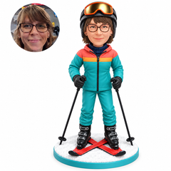 Custom bobblehead figure female skier in helmet with crossed skis and two poles