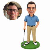Male golfer with one hand in pocket and grounded club custom clay bobblehead