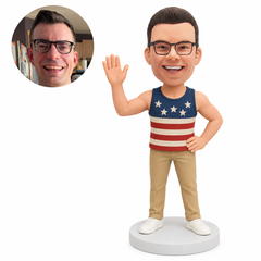 Custom male bobblehead figure in a patriotic sleeveless tank waving with one hand on his hip