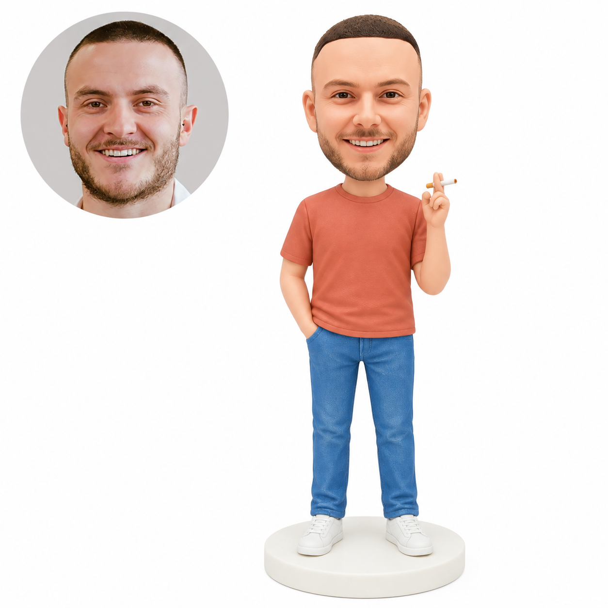 Custom clay bobblehead man holding a cigarette at shoulder height with other hand in pocket