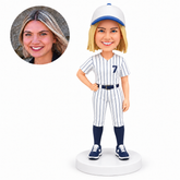 Custom female baseball player bobblehead standing empty-handed in navy pinstripe uniform