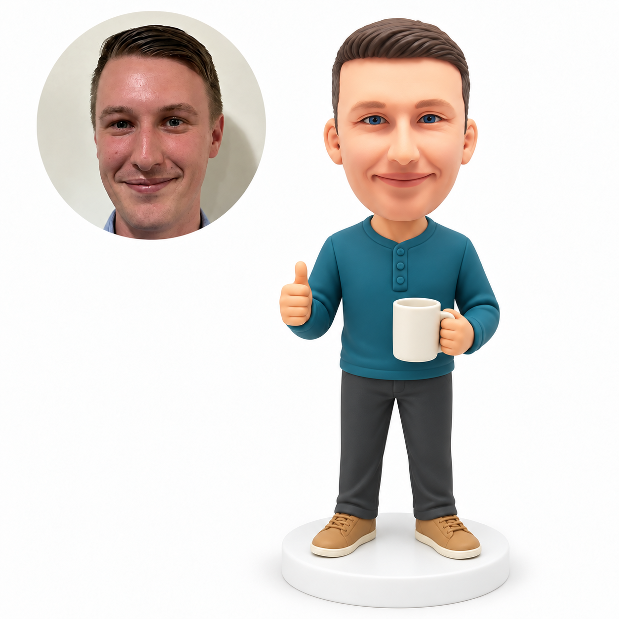 Custom polymer-clay bobblehead man in a teal Henley giving a thumbs up with his right hand and holding an ivory mug in his left hand, with matching portrait photo
