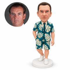 custom bobblehead figure man with his right hand in a shorts pocket and right heel raised