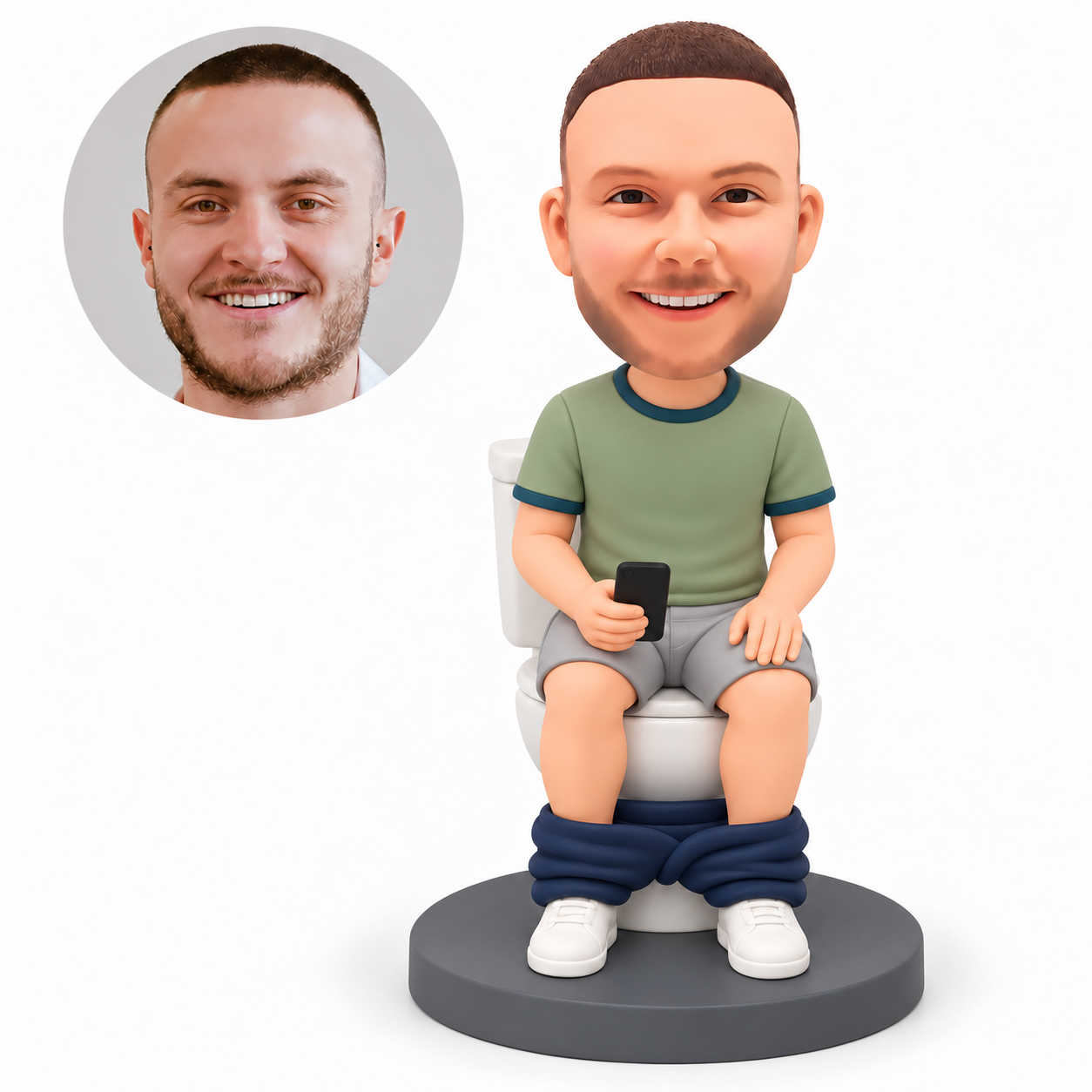 custom bobblehead figure man seated on a toilet holding a phone low in his right hand