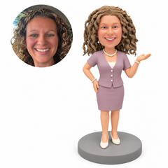 custom bobblehead figure woman raising her left open palm with her right hand on her hip