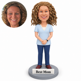 custom bobblehead figure mom with folded hands and a raised best mom plaque
