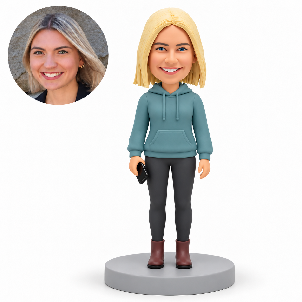 custom bobblehead figure woman in a hoodie holding a phone at her side MGA-AC1802