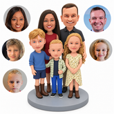 Five-person custom polymer-clay family with two parents behind three children and five paired reference photos