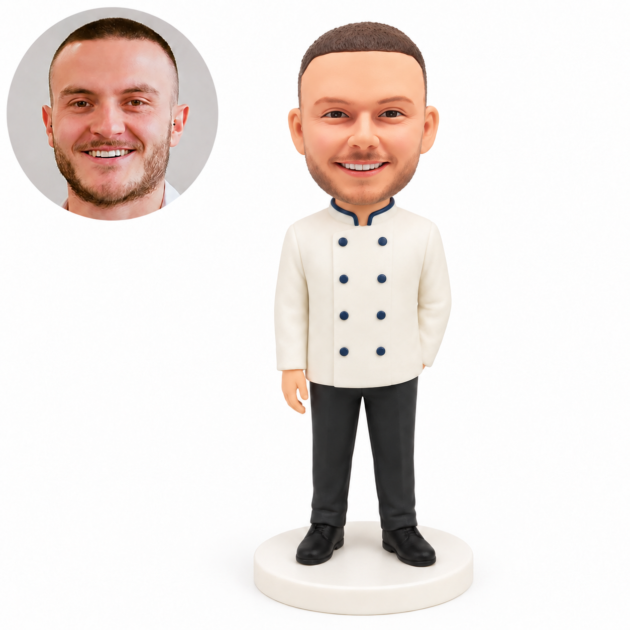 Custom clay male cook bobblehead with right hand down and left forearm behind his chef coat