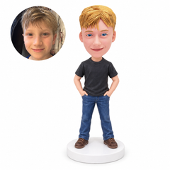 custom bobblehead figure boy in a T-shirt and jeans with hands in pockets
