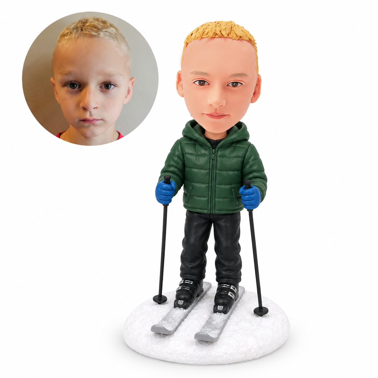 custom bobblehead figure boy standing on skis and holding ski poles