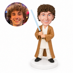 custom bobblehead figure young space knight in a long robe holding a light sword