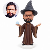 custom bobblehead figure wizard in a long robe holding a crystal ball