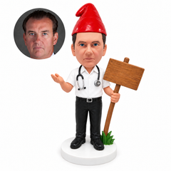 custom bobblehead figure doctor garden gnome holding a wooden sign