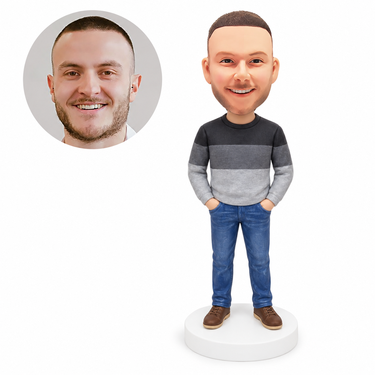 custom bobblehead figure man in a color block sweatshirt with hands in pockets