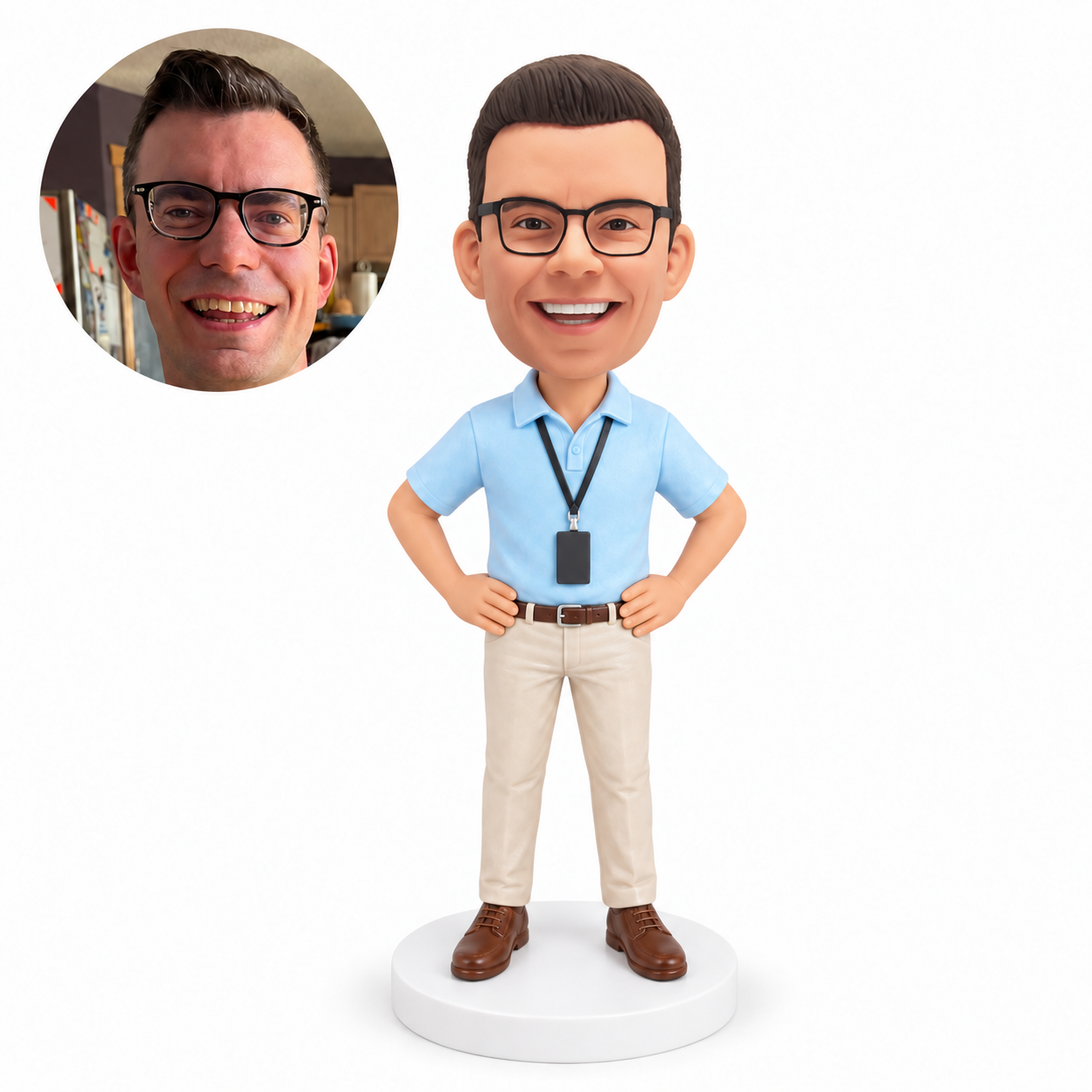 custom bobblehead figure employee wearing an ID lanyard with both hands on his hips