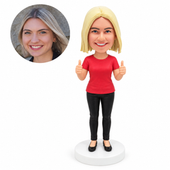 custom bobblehead figure woman in a T shirt giving two thumbs up