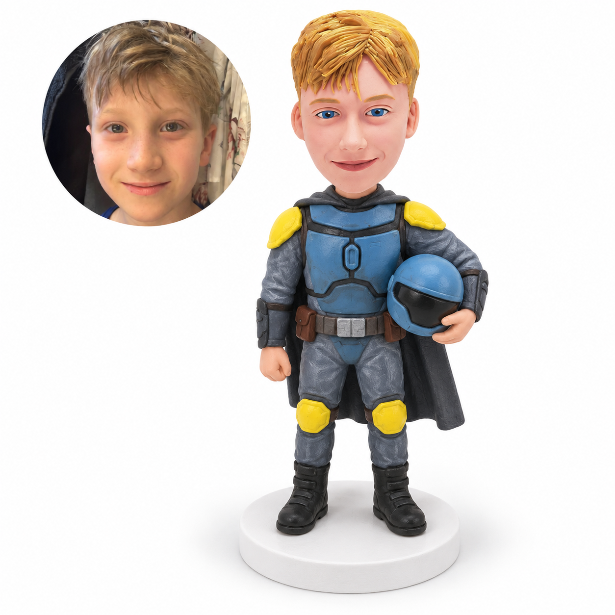 custom bobblehead figure boy space adventurer in armor holding a helmet