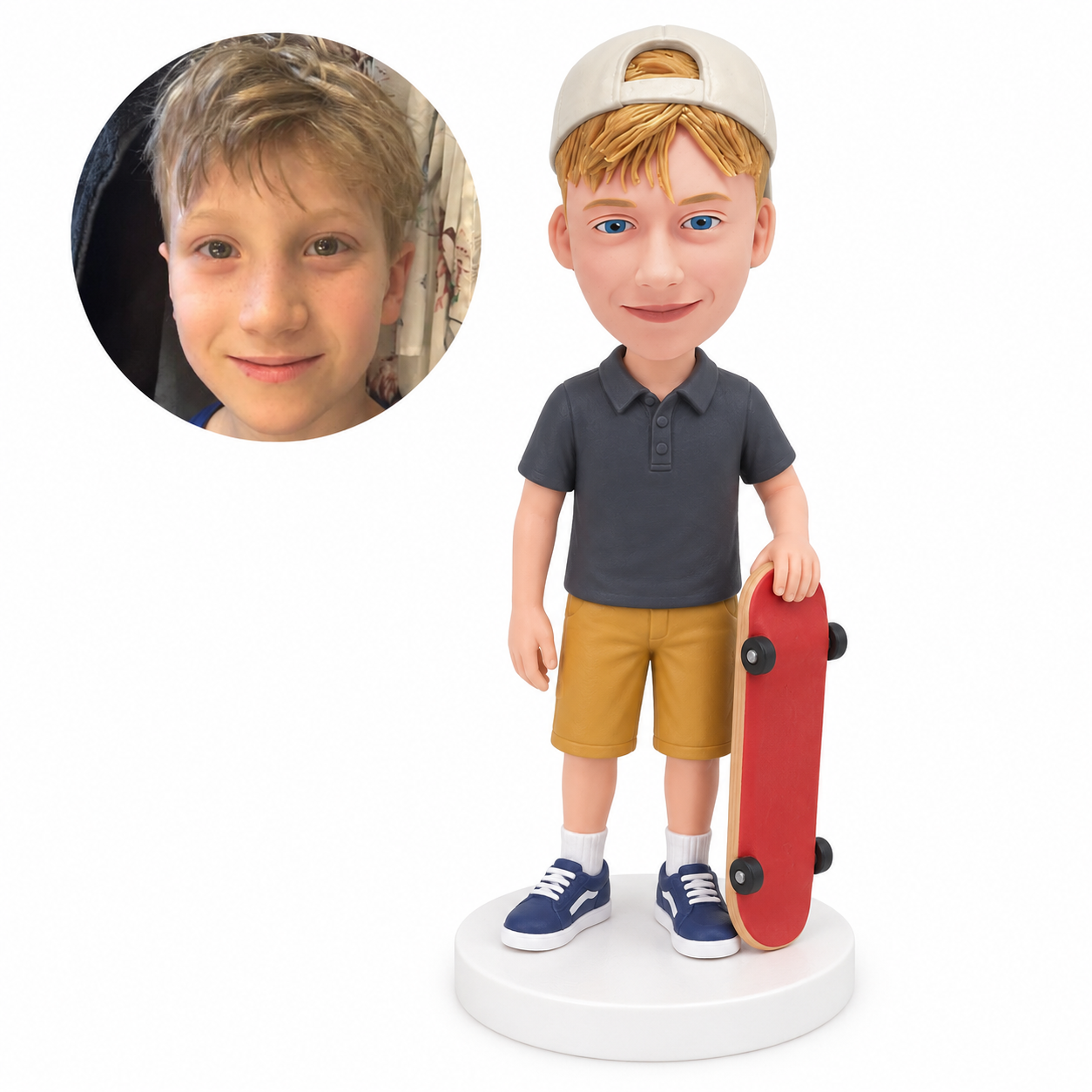 custom bobblehead figure boy skateboarder holding a skateboard at his side