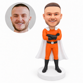 custom bobblehead figure superhero in a cape with his arms crossed