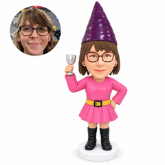 custom bobblehead figure female garden gnome holding a wine glass with one hand on her hip