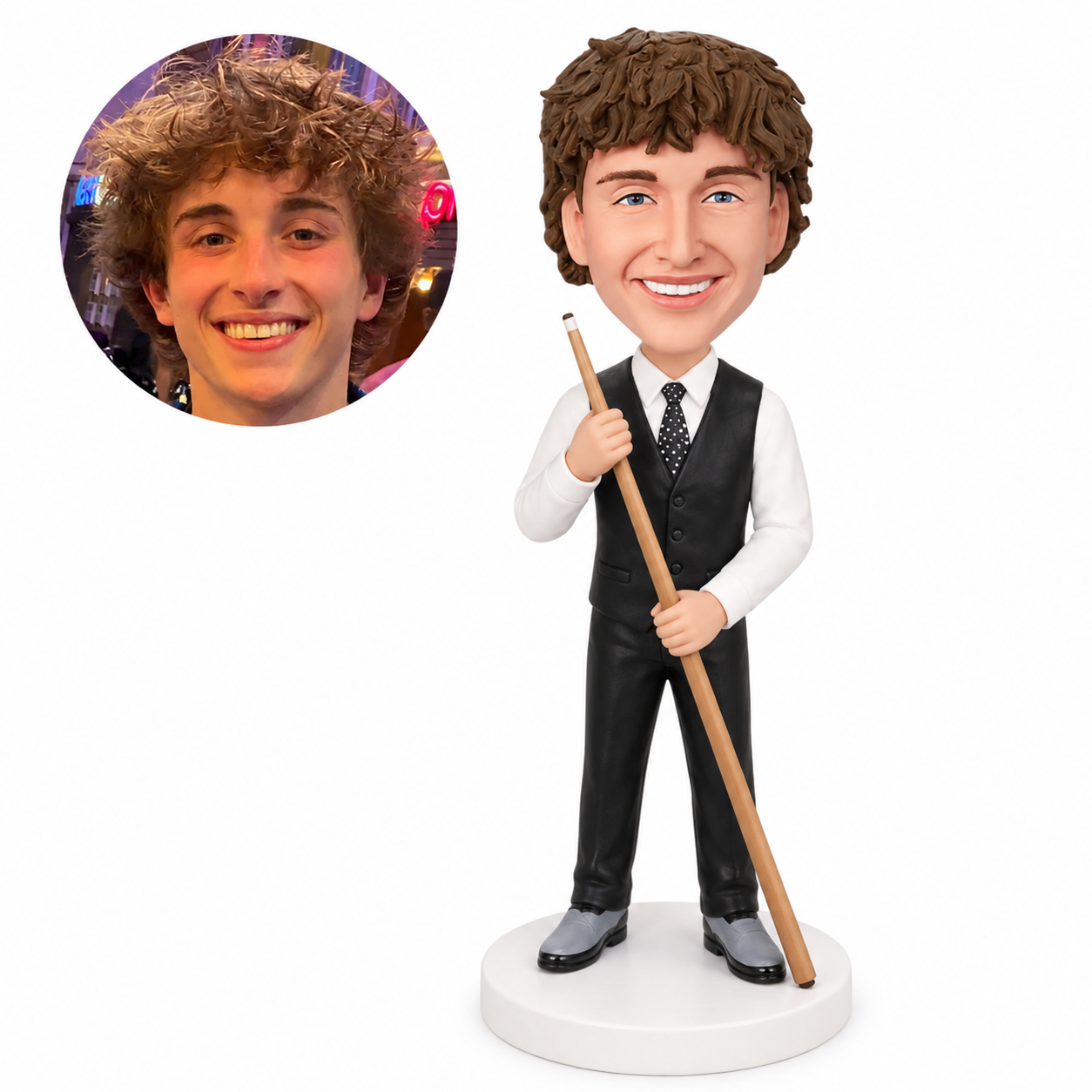 custom bobblehead figure billiards player in a waistcoat holding a cue with both hands