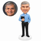 custom bobblehead figure pastor in a clerical shirt holding a Bible with one hand in a pocket