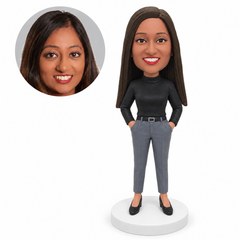 custom bobblehead figure woman in a turtleneck and cropped trousers with both hands in pockets