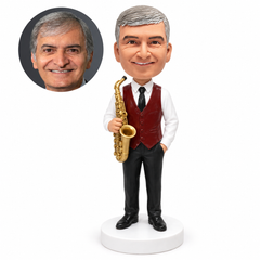 custom bobblehead figure man in a waistcoat holding a saxophone with one hand in his pocket