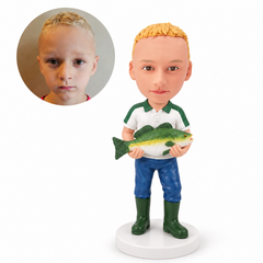 custom bobblehead figure boy fisherman in a polo shirt holding a fish with both hands